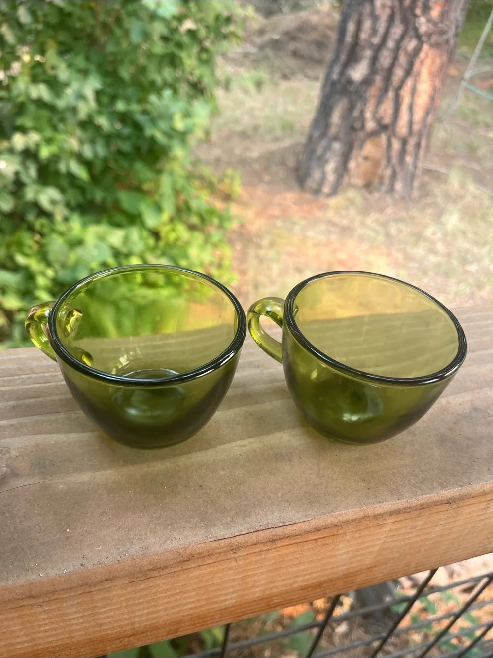 Vintage Indiana Glass, Sunburst, Avocado, Green Demi Mugs/Tea Cups Set of 2 Rare